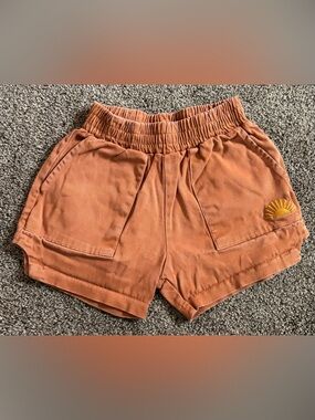 Kids Elastic-Waist Rust Orange Shorts with Sun Embroidery